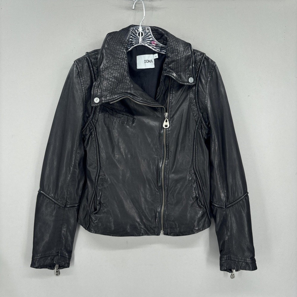 Doma Leather Moto Jacket Womens Large Black Asymmetrical Zip‎ Cropped Biker